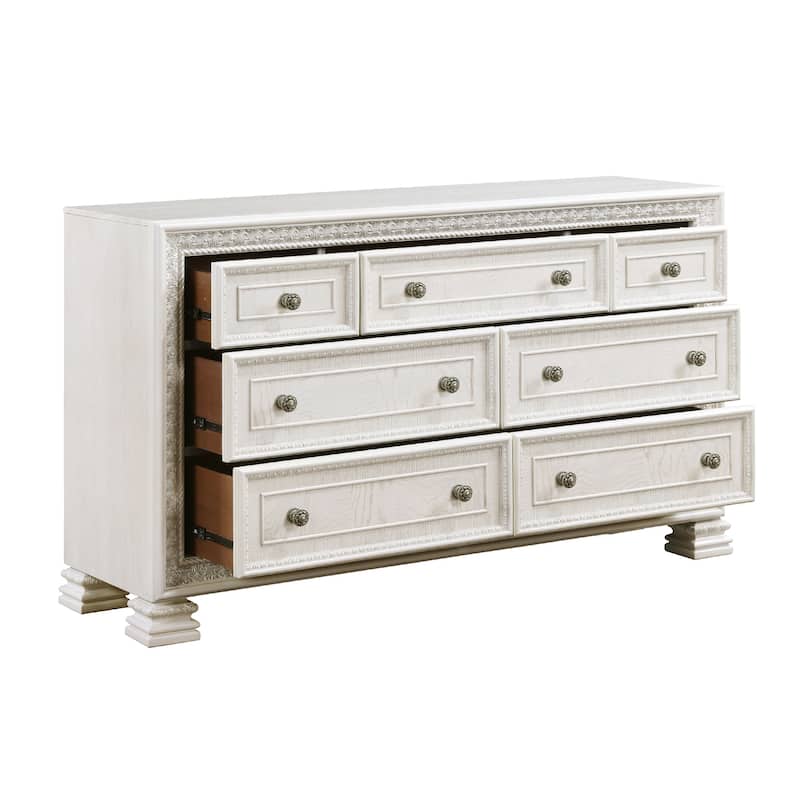 Rotu 68 Inch Wide Dresser, 7 Drawers Rope Molding, White Ash Veneer