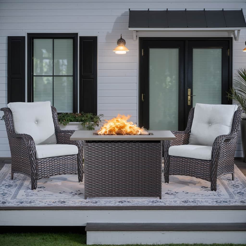 3 Pieces Outdoor Rattan Chair with Fire Pit Table - Brown