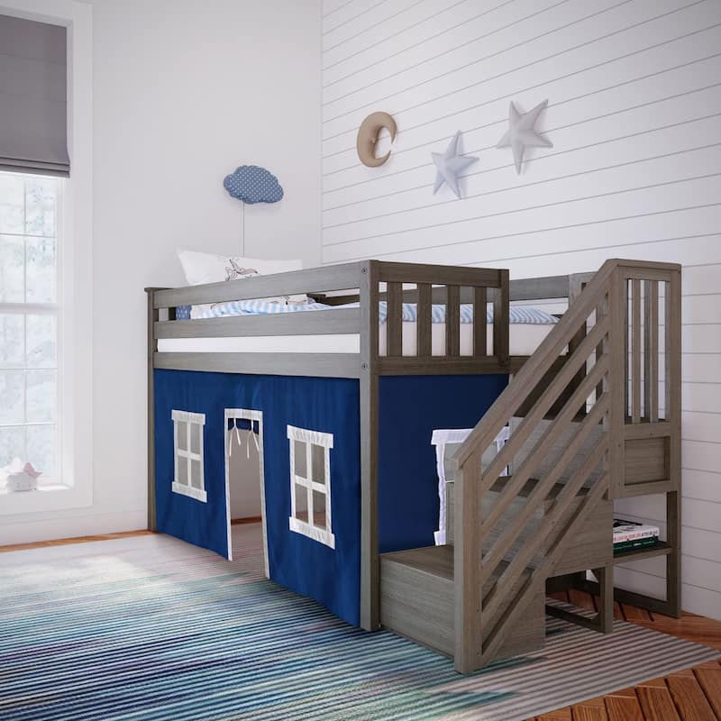 Max and Lily Twin Low Loft with Stairs and Curtains - Clay with Blue/White Curtain