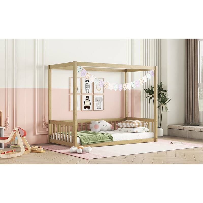 Roomfitters Twin Canopy Frame Floor Bed with Fence and Guardrails, Low Profile Platform Bed, No Box Spring Needed, Natural