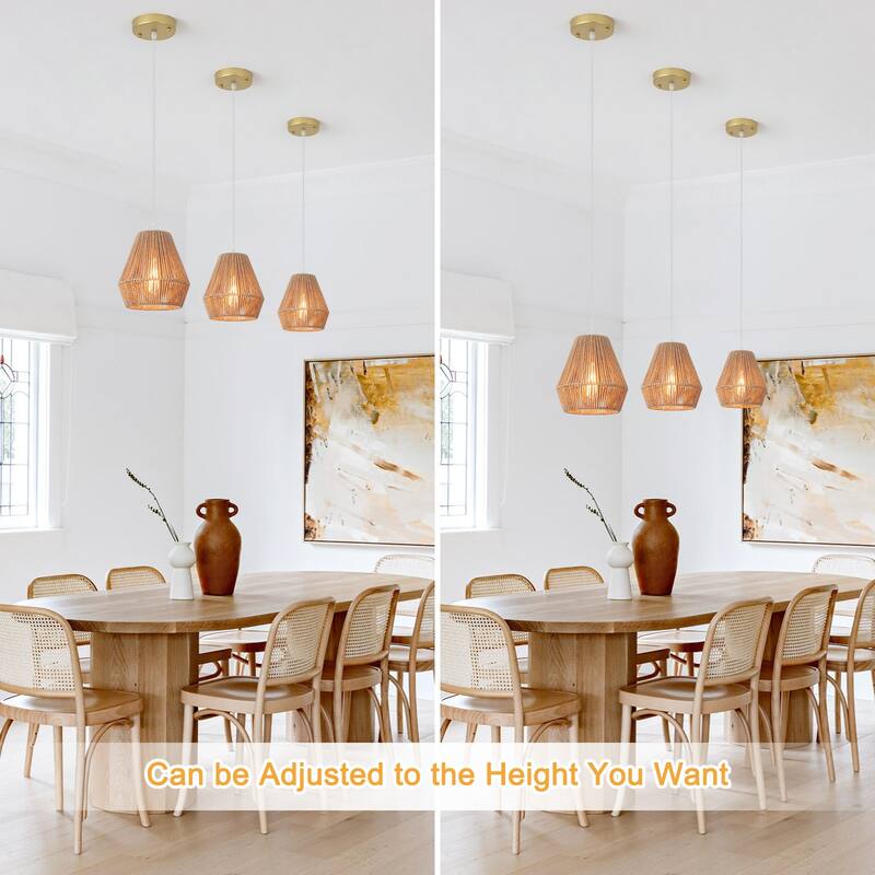 (Set of 3)1-Light Paper Rope Shaded Pendant Lights for Kitchen ，Set of Lghting Fixtures, Farmhouse Semi Flush Mount Chandelier