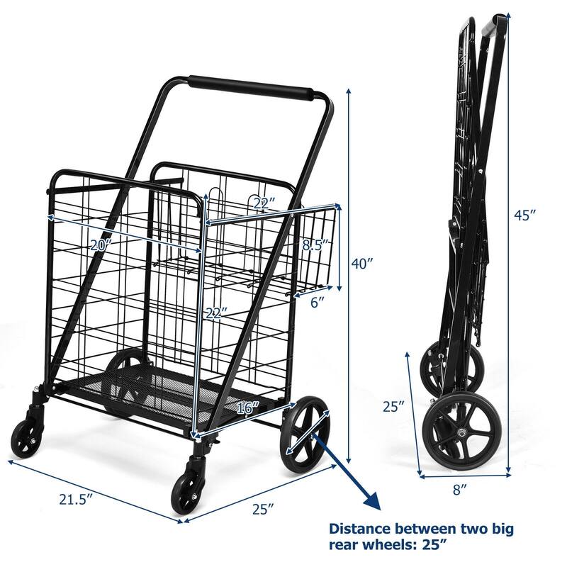 Multi-Purpose Foldable Grocery Cart with 360 Degree Front Wheels and Large Basket and Back Storage - 25" x 25" x 40"(L x W x H)
