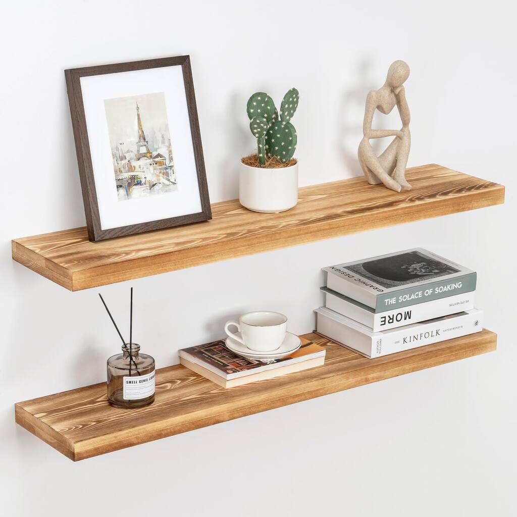 36 Inch Wood Floating Shelves,8 Inch Deep Rustic Wood Wall Mounted Shelves Set of 2, Long Floating Shelves for Wall Decor