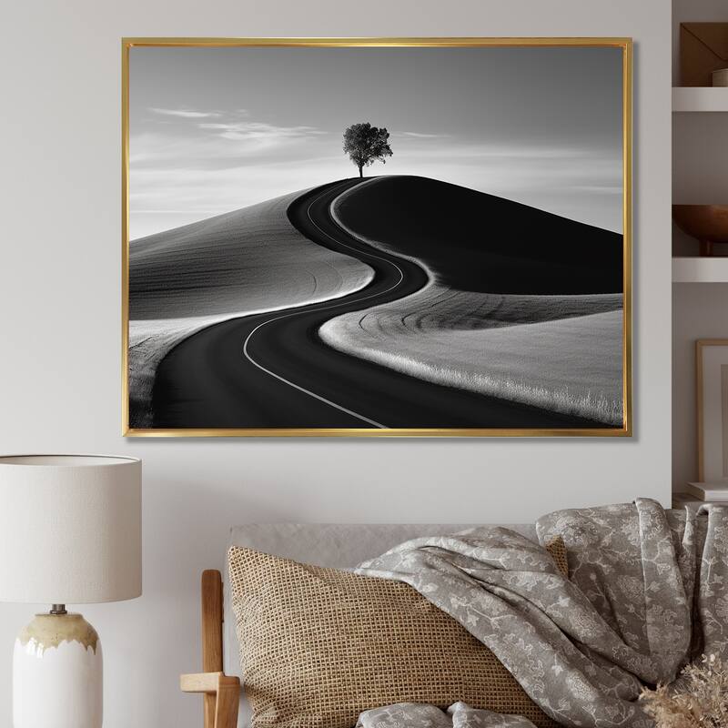 Designart "Black And White Road Photography II" Road Framed Canvas Art Print - 20 in. wide x 12 in. high - Gold