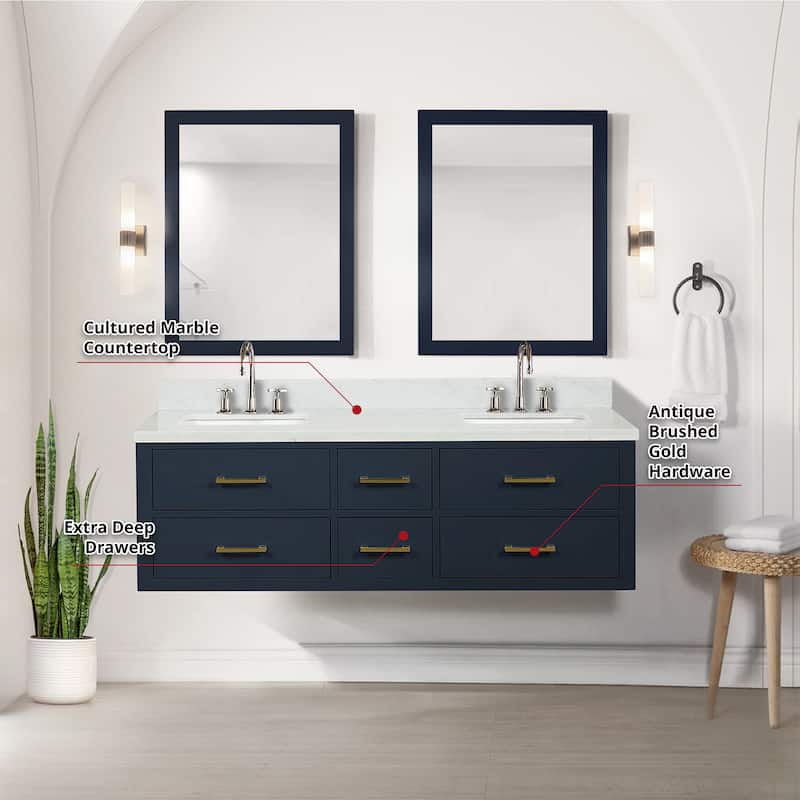 Castor 60 in W x 22 in D Black Double Bath Vanity, Cultured Marble Top, and 28 in Mirrors