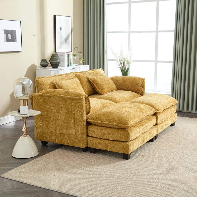 76.77" Chenille Upholstered Sofa with 2 Ottomans