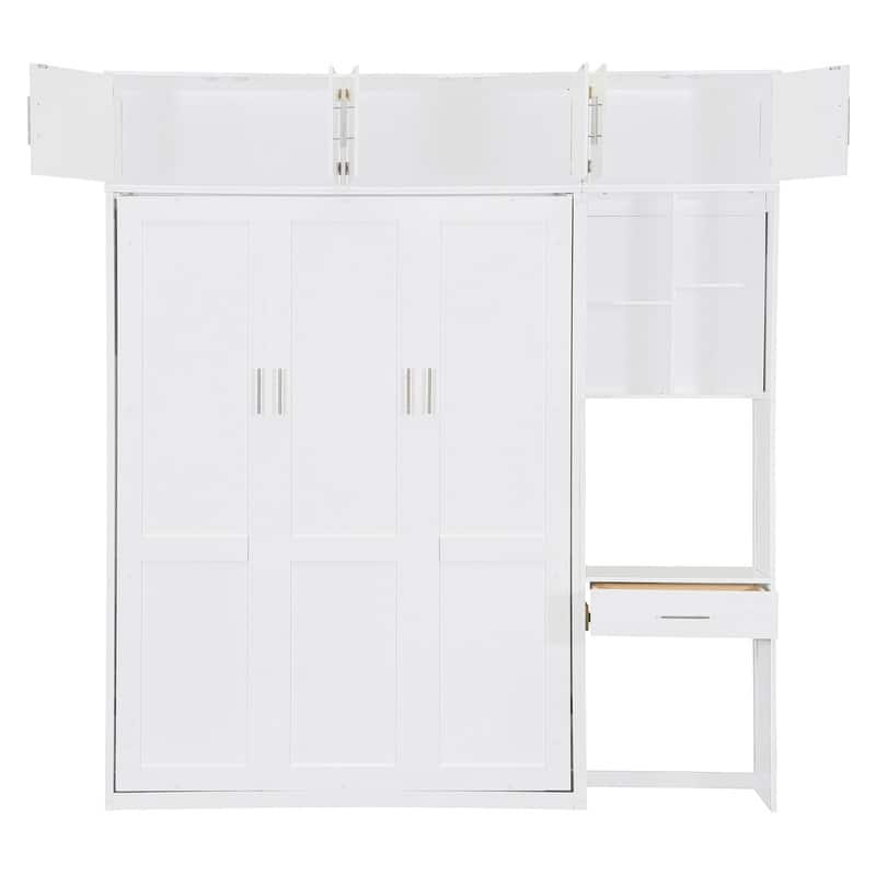 Full Size and Queen Size Wall Murphy Bed with Desk, Top Cabinet and Storage Shelves, Space Saving Foldable Bed