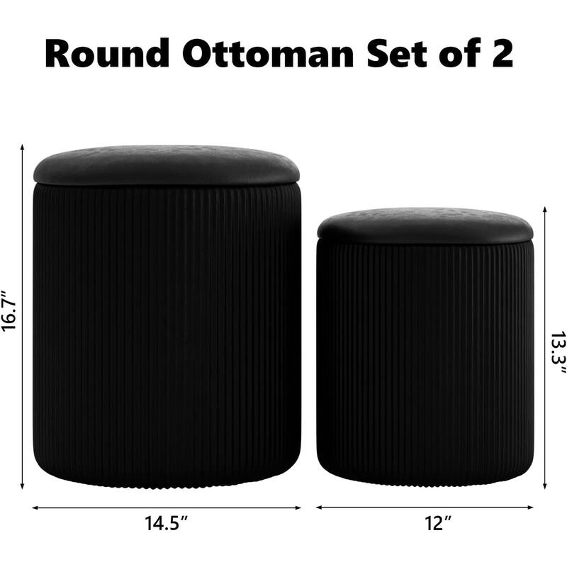 BOSSIN Round Ottoman with Storage Set of 2, Velvet Vanity Stool, Pouf Ottoman Foot Rest