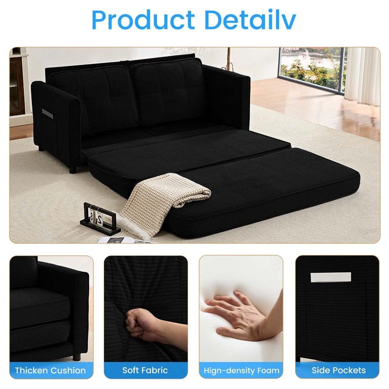 Mixoy 3-in-1 Convertible Futon Sofa Bed, Foldable Tufted Loveseat Sleeper Sofa with Side Pockets