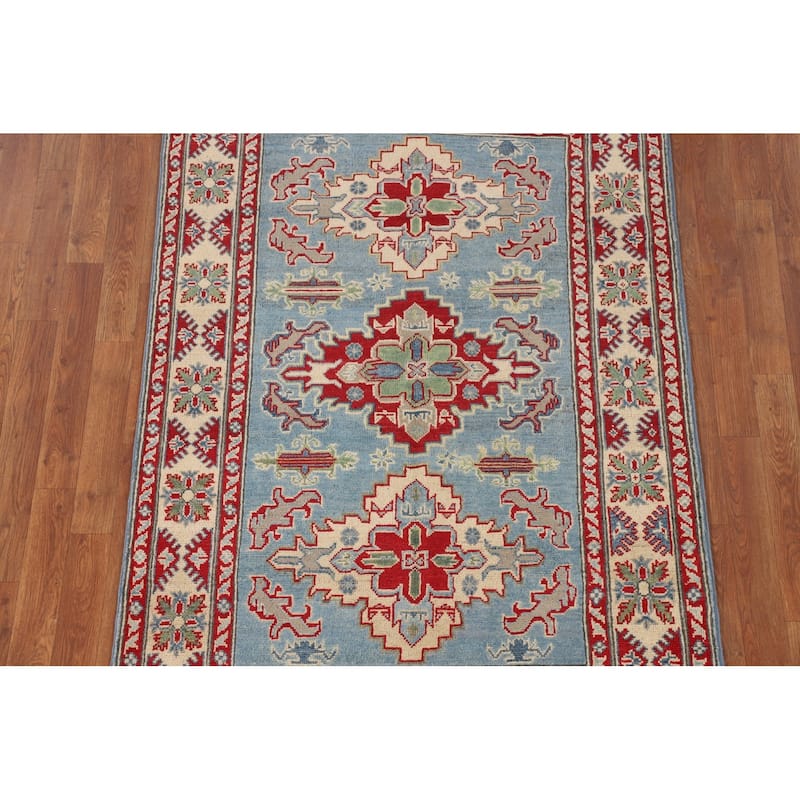 Light Blue Traditional Kazak Oriental Area Rug Handmade Wool Carpet - 3'10" x 5'11"
