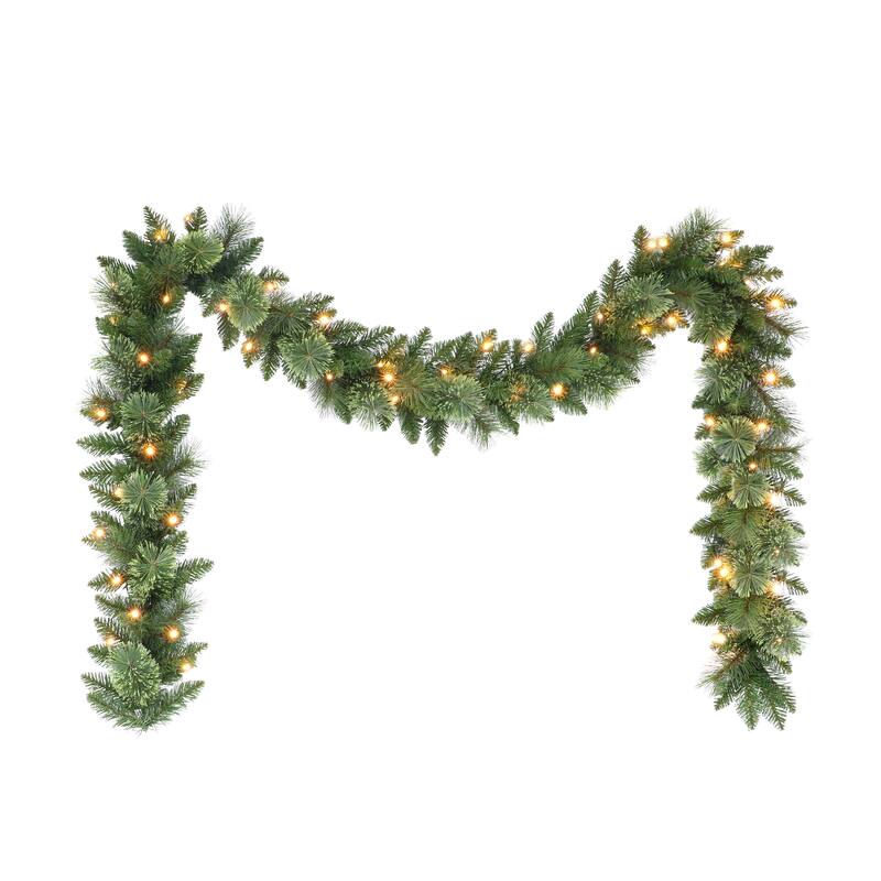 Puleo International 9 ft x 10" Battery-Operated Pre-Lit Garland - Green - 9.834 - 9.834 - Green
