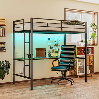 HOMCOM Loft Bed Twin Size with Desk, LED Lights, Charging Station, Twin Size Metal Loft Bed Frame