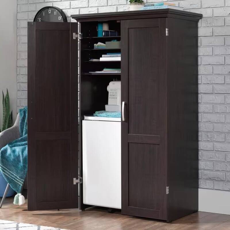 Space-Saving Craft Armoire with Drop Leaf Desk and Adjustable Storage Shelves Power Strip