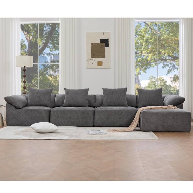 GDFStudio - Chenille L-Shaped Modular 5-Seater Sectional Sofa with Ottoman