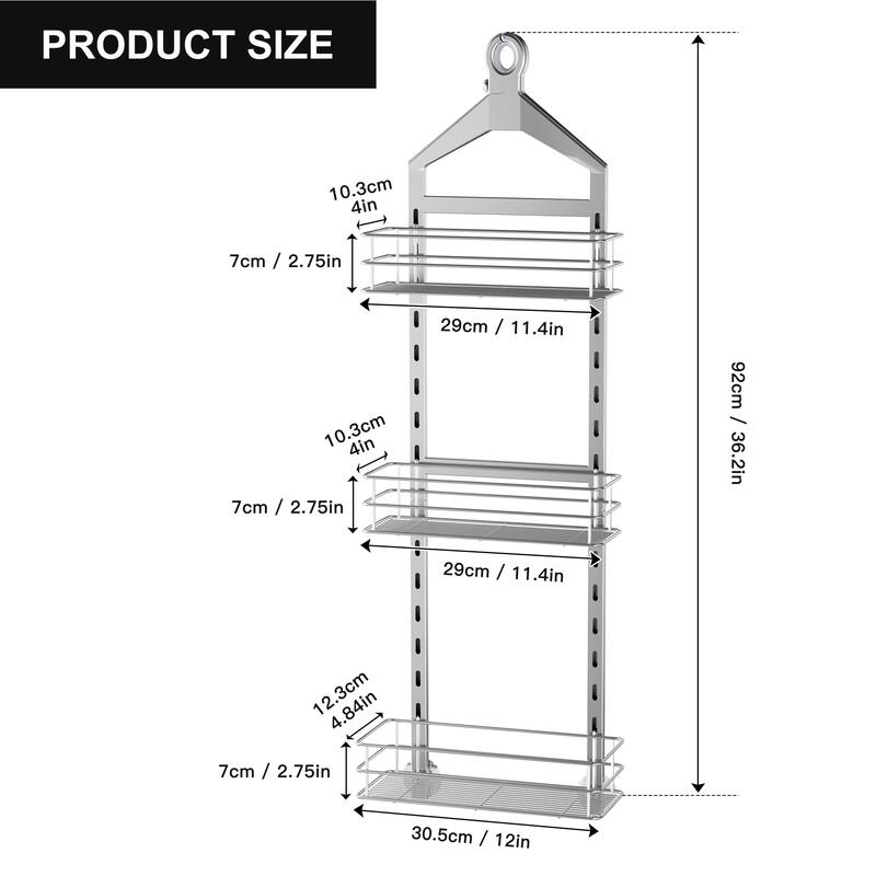 Adjustable Anti-slip Shower Caddy over Shower Head, Rustproof Bathroom Hanging Shower Organizer with 2 Hooks for Razor