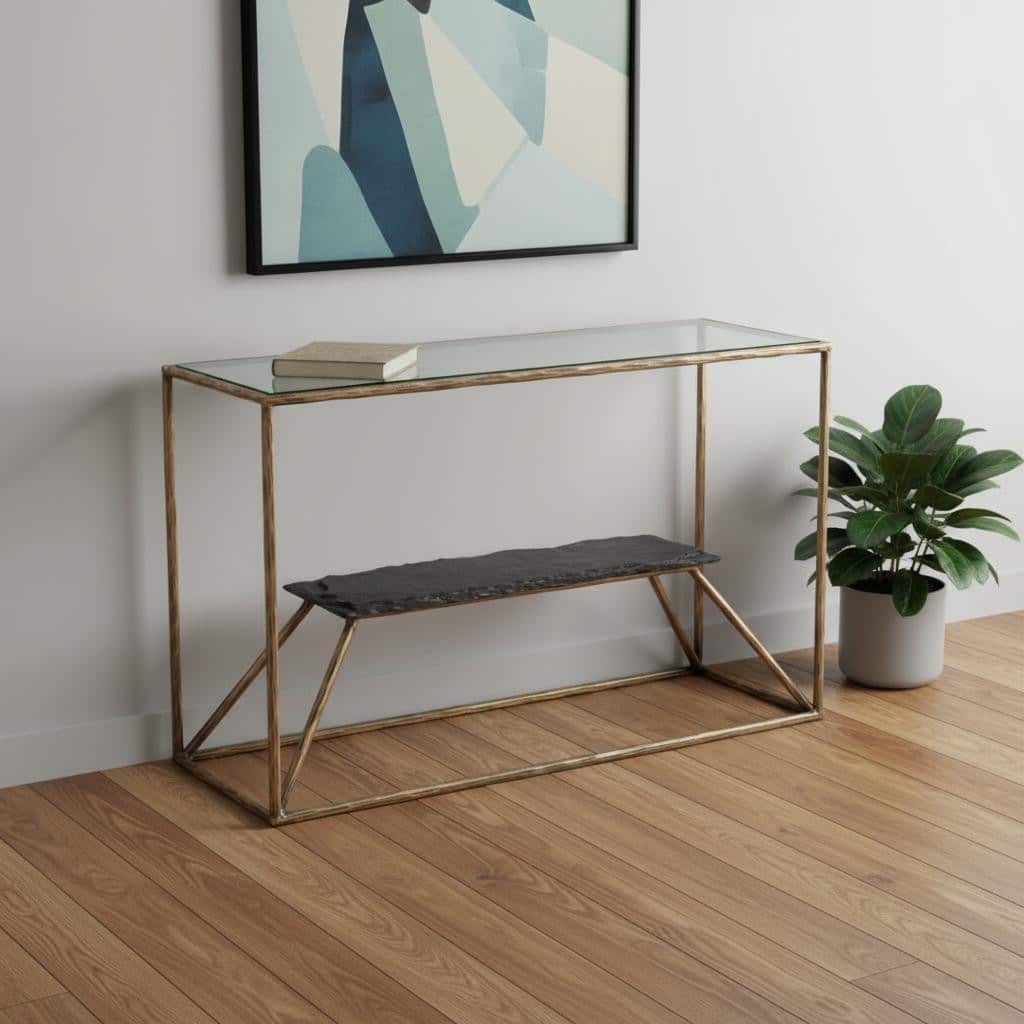 HomeRoots 48" Clear and Brass Glass Iron and Stone Frame Console Table With Shelf - 48.00 in. x 29.90 in. x 17.00 in.