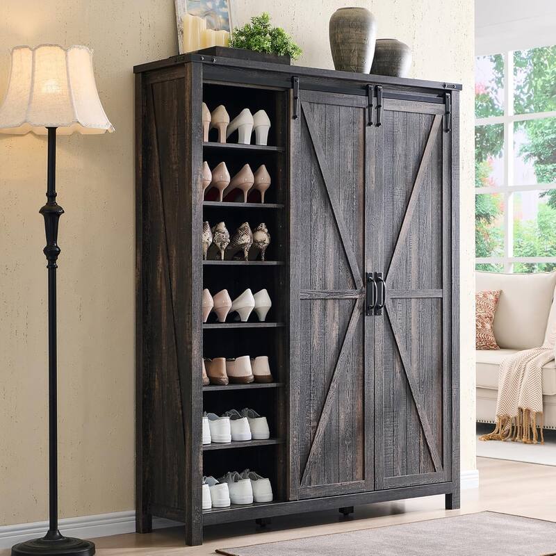 Farmhouse Shoe Storage Cabinet, 7-Tier Shoe Organizer, Shoe Rack - Dark Rustic Oak