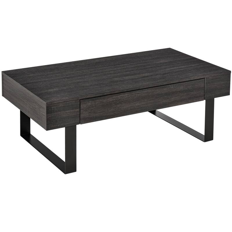 Mid-century Modern Coffee Table with Storage Drawer, Metal Sled Designed Legs and Wood Grain Surface for Living Room