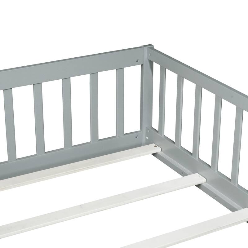 Twin Size Floor Bed with Fence and Door, Rubber Wood Floor Bed with Safety Guardrails