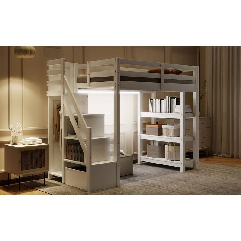 Wooden Loft Bed Frame with 4-tier Storage Shelf, Small Wardrobe, White LED Light and Storage Staircase, Space Saving Storage Bed