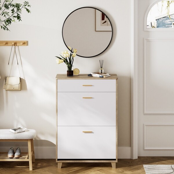 Narrow Shoe Cabinet with 2 Flip Drawers and 1 Regular Drawer - Bed