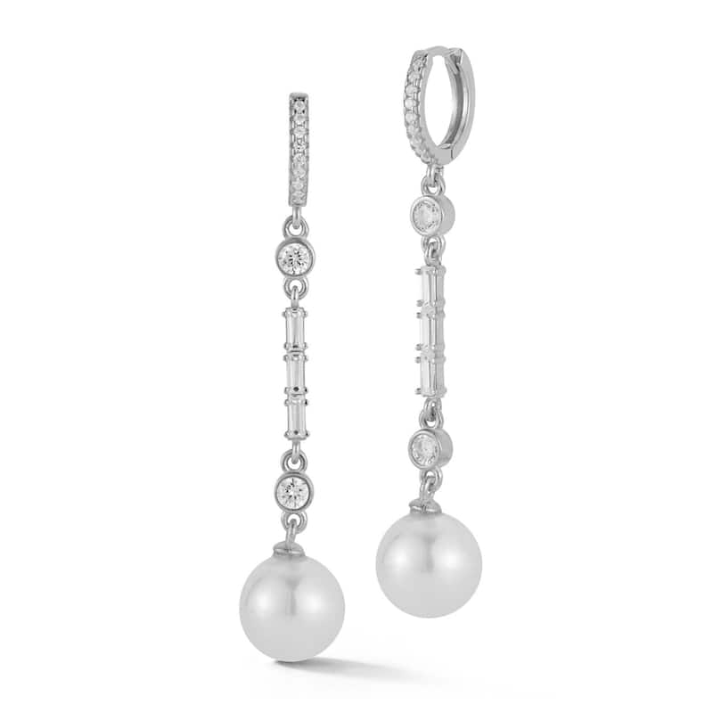 Soleil Sterling Silver Freshwater Pearl and CZ Drop Earrings - White