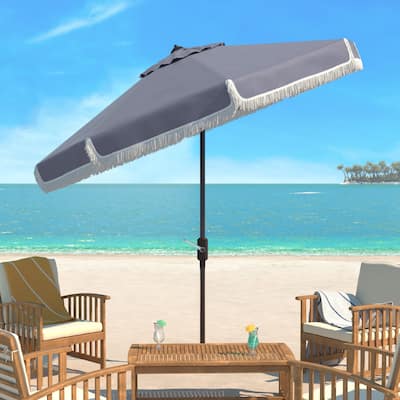 SAFAVIEH Milan Fringe 9 Ft Crank Grey/ White Outdoor Umbrella, Base Not Included