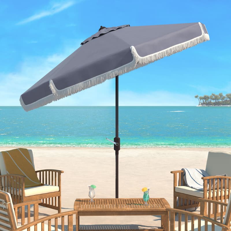 SAFAVIEH Ronette Fringe 9 Ft Crank Outdoor Umbrella - Grey/White