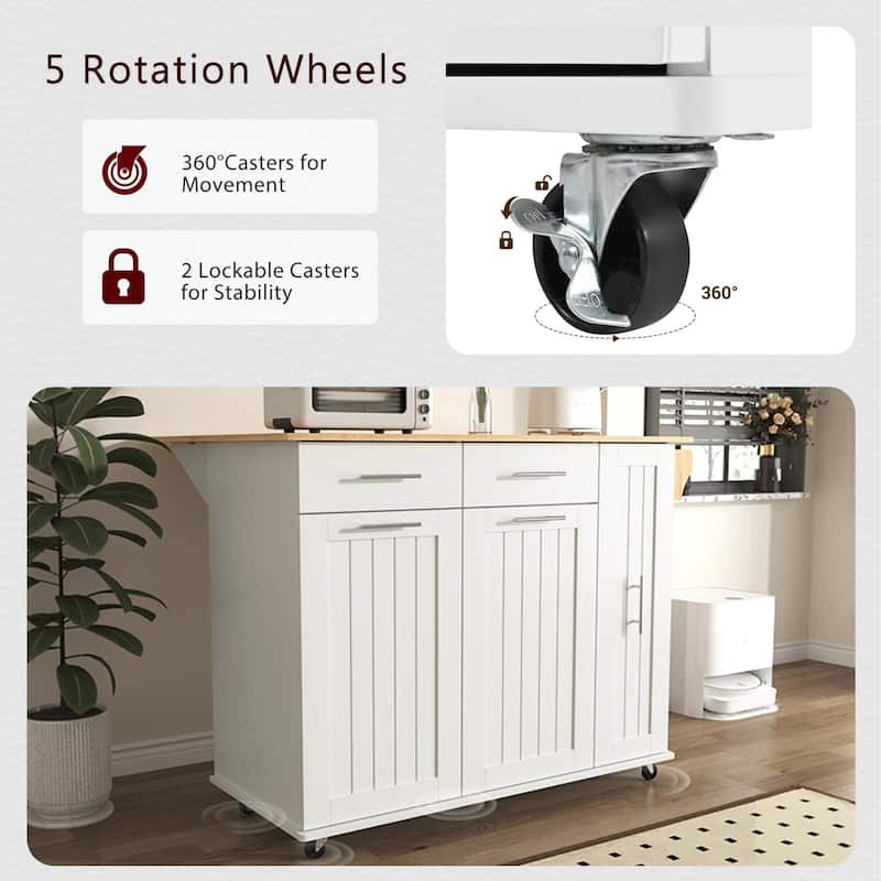 Modern Kitchen Cart with Drop Leaf, 3-Tier Pull-Out Cabinet,Adjustable Shelves,Rolling Island with Towel Rack & Storage Drawers