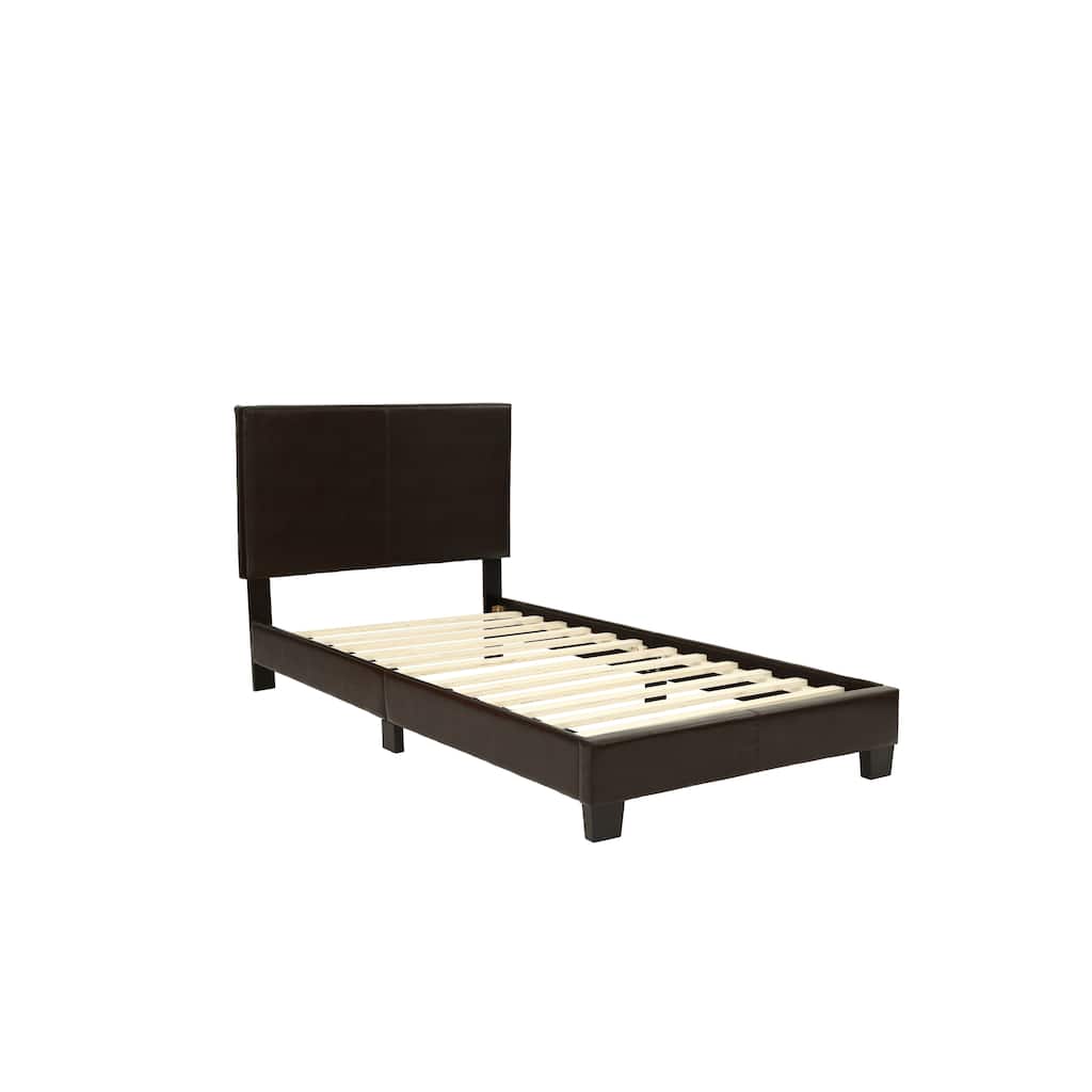 Twin Size Faux Leather Upholstered Bedframe with Adjustable Headboard, Modern Brown Bedroom Furniture