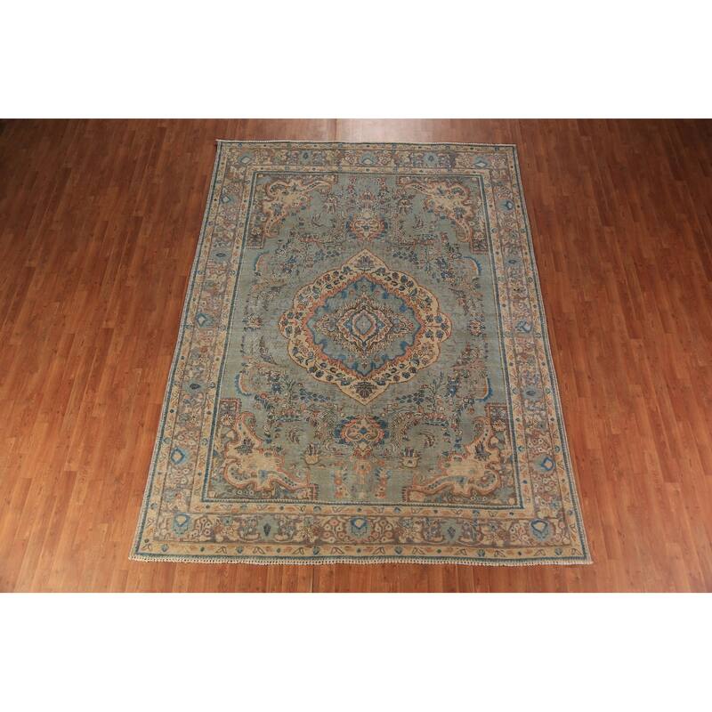 Distressed Blue Tabriz Persian Area Rug Hand-Knotted Wool Carpet - 8'1"x 11'0"
