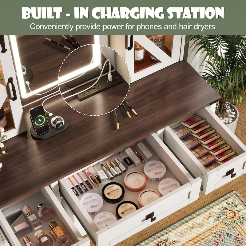 Rustic Vanity Table Set with LED Mirror, Barn Door Design, Cushioned Stool, Charging Ports, 3 Drawers & 4 Cabinets