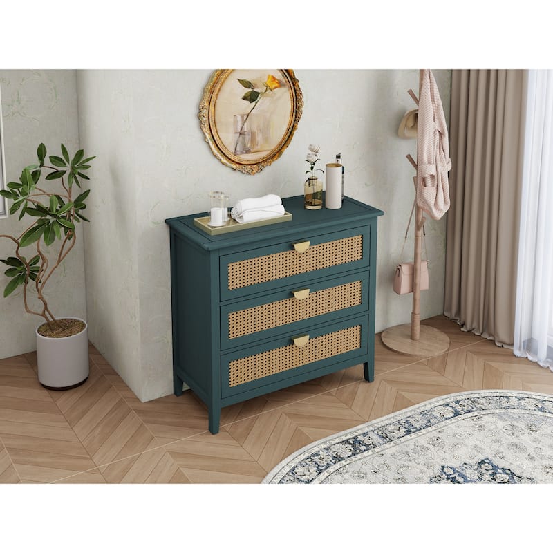 Rattan Storage Cabinet with Wood Grain Finish & Semi-Circle Metal Handles, Accent Cabinet with Anti-Slip Foot Pads