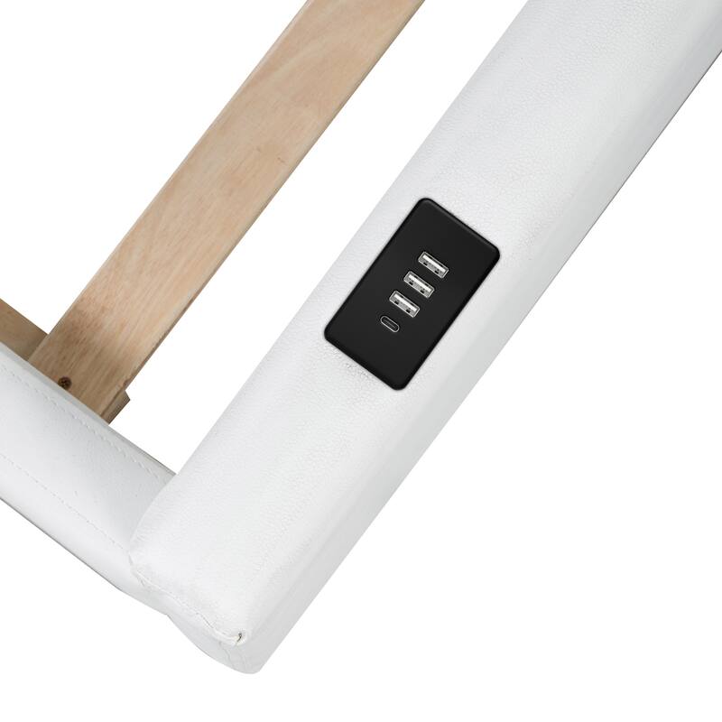 Roomfitters Twin Size Upholstered Floor Bed with USB Charging Ports and High Guardrails, Modern Padded Bed Frame