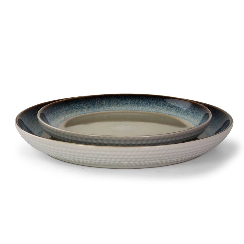 16 Piece Spot Textured Stoneware Dinnerware Set in White with Beige and Blue Interior
