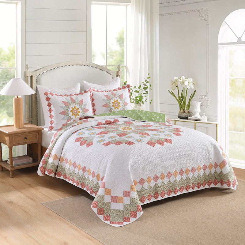 3 Pcs Cotton Vibrant Floral Patchwork Quilt Bedspread Set