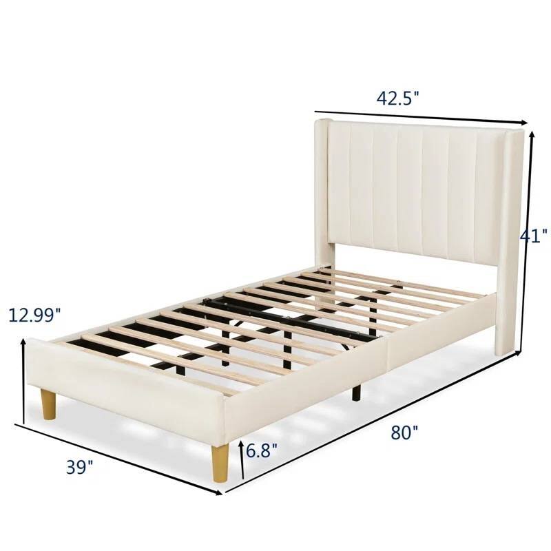 Twin Size Mid Century Modern Platform Bed Frame with Upholstered Headboard Linen No Box Spring Needed