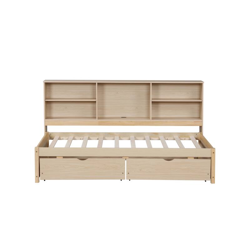 Twin Bed Frame Wooden Platform Twin Bed with Built-in USB Port, Side Bookshelves and 2 Drawers