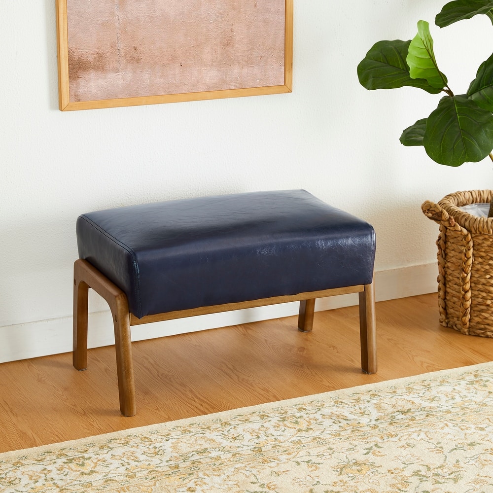 Glitzhome 24.5"W Leatherette Accent Stool With Walnut Rubberwood Legs