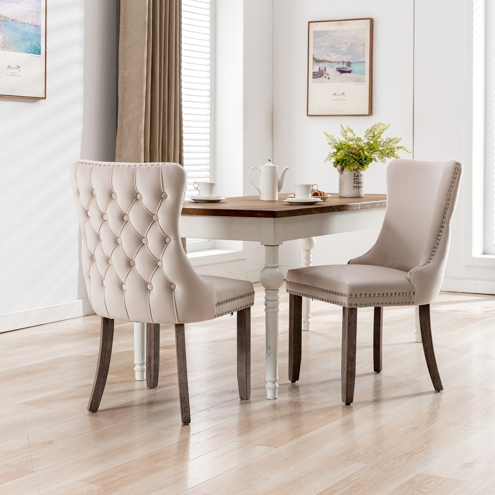 GDFStudio - Upholstered Wing-Back Wood Dining Chair Set with Backstitching Nailhead Trim (Set of 2)