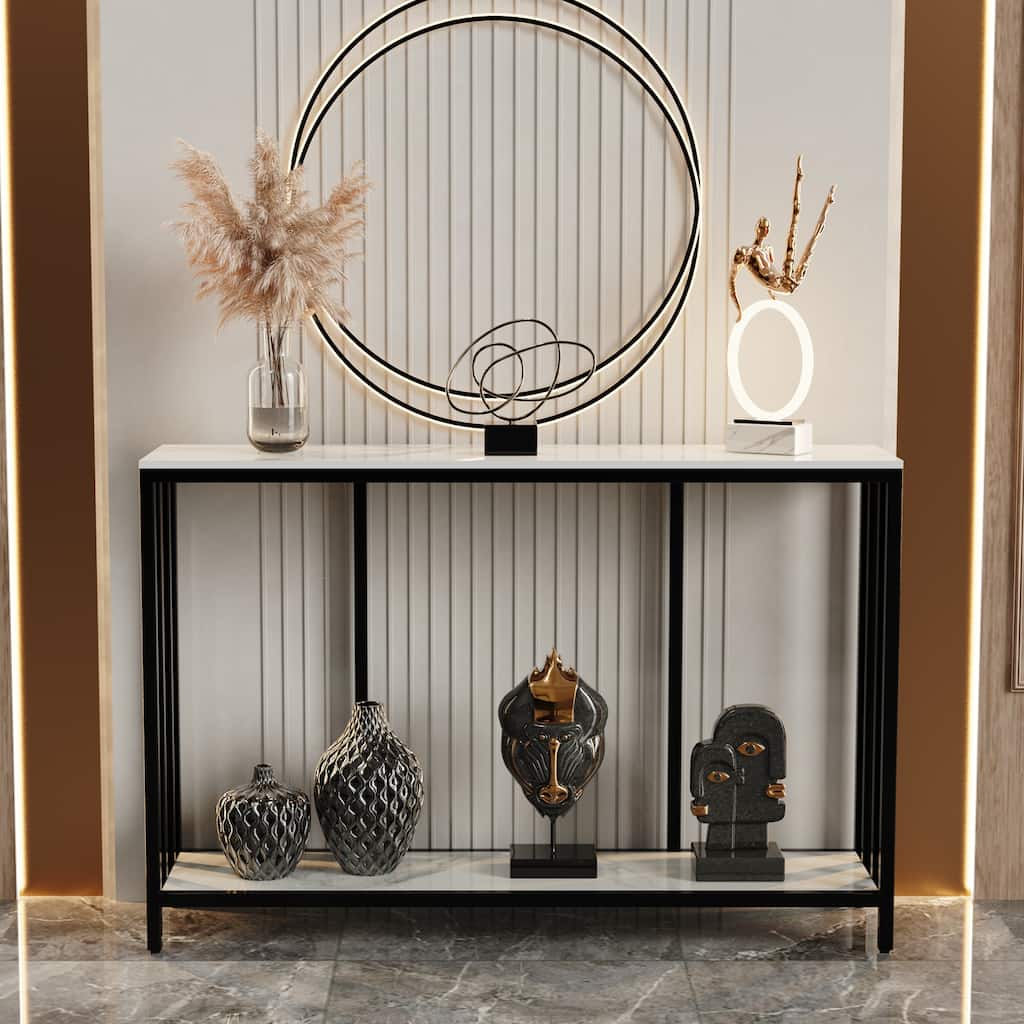 2 Tier Entryway Home Sofa Console Storage Table with Metal Black Frame