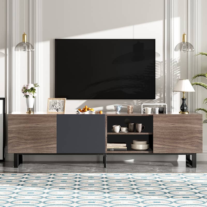 70.86" TV Stand with Drop Down Door, 3 Cabinets and Open Shelves for TVs Up to 80"
