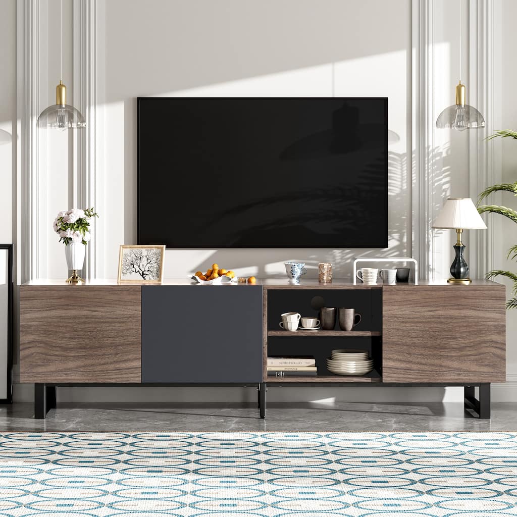 TV Stand with 3 Cabinets and Open Shelves, Media Console Table with Cord Holes, Entertainment Center with Drop Down Door