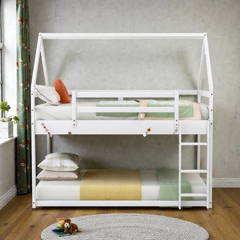 Twin over Twin Low Bunk Bed House Frame with Ladder, Kids Wooden Bunk Bed, Pine Wood and MDF, No Box Spring