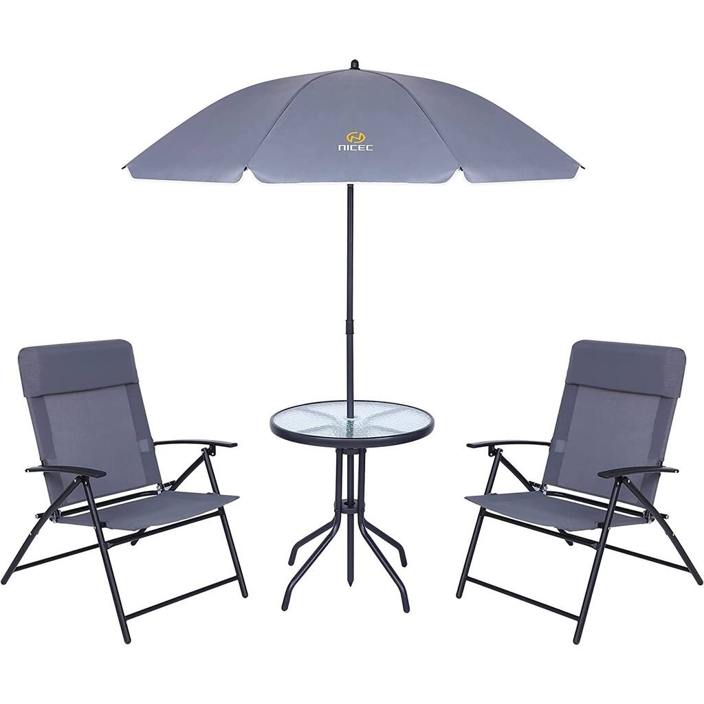 4-Piece Bistro Set, Patio Dining Set, Garden Outdoor Table Set with Tilted Removable Umbrella, Glass Table, and 2 Folding Chairs
