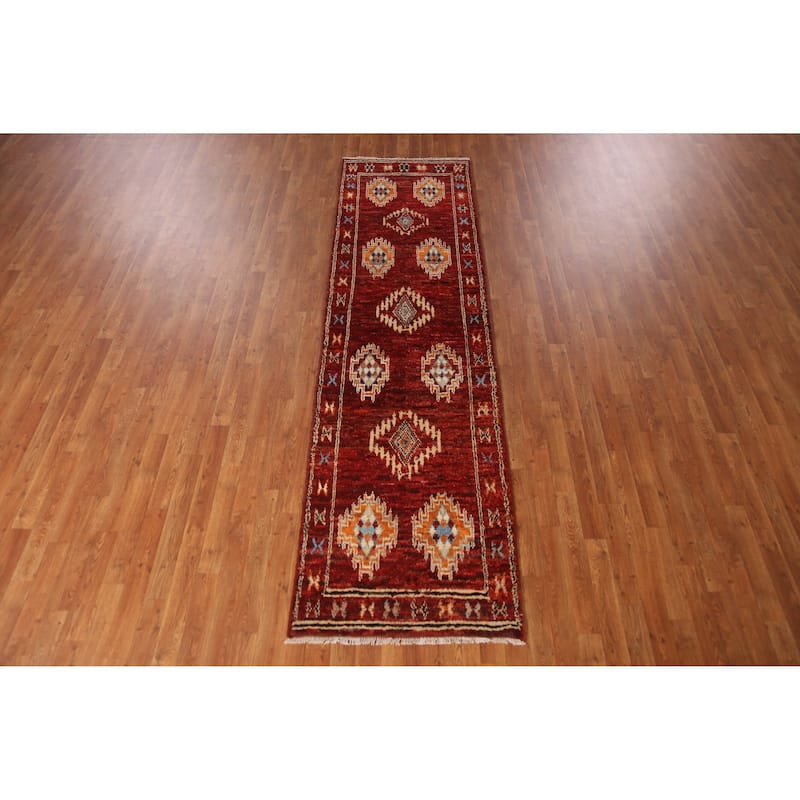 Red Moroccan Oriental Runner Rug Hand-Knotted Wool Carpet - 2'8" x 9'11"