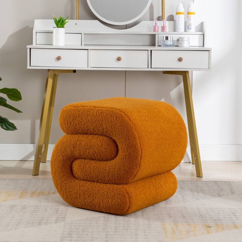 Teddy Fabric S-shape Ottoman Makeup Stool Footstool - Orange