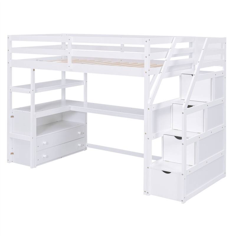 Twin/Full Size Stairway Loft Bed with Built-in Desk with Two Drawers, Solid Wood Bed Frame with Storage Shelves for Kids Teens