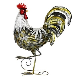 Exhart White and Gold Metal Rooster Garden Statue, 18 Inch