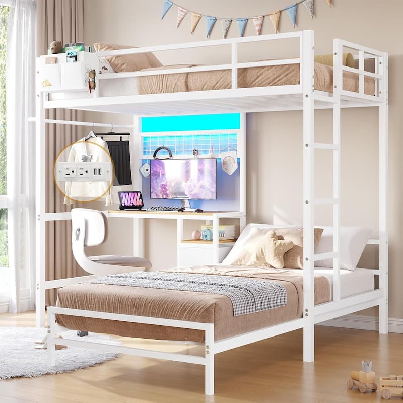 Bunk Bed Twin Over Twin Size with Desk Charging Station L-Shaped Metal